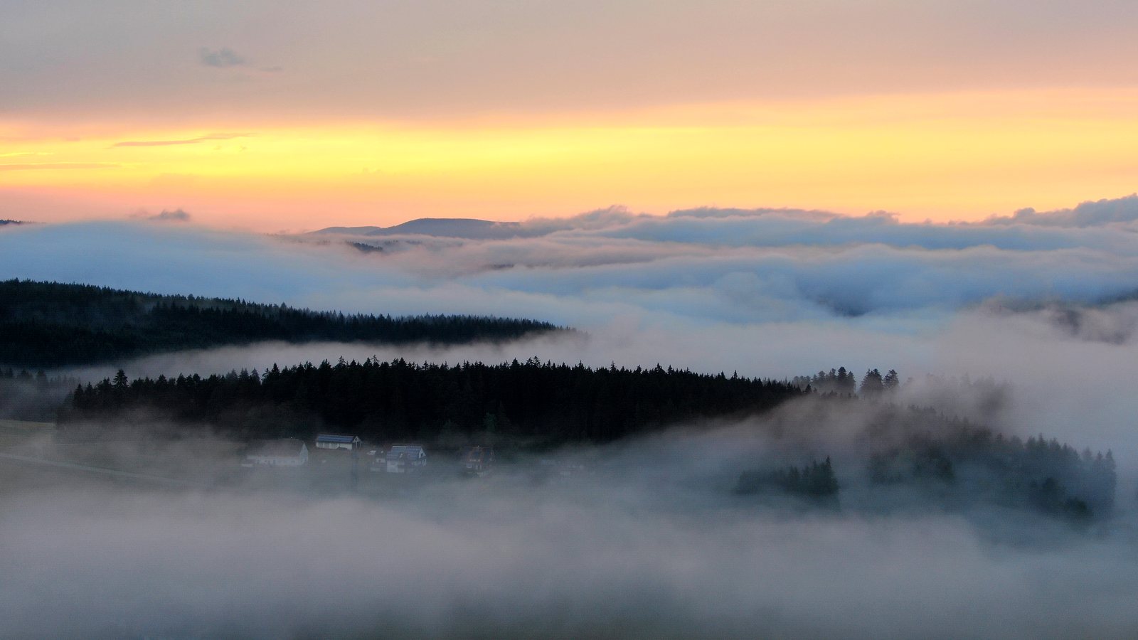 Der Hochschwarzwald im Morgennebel bei Sonnenaufgang